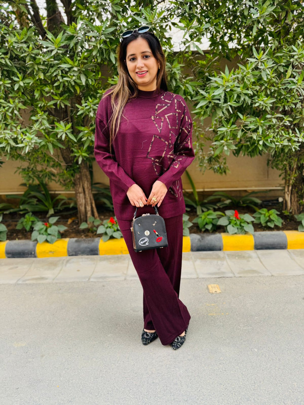 VINORA | Burgundy Geometric Winter Co-Ord Set