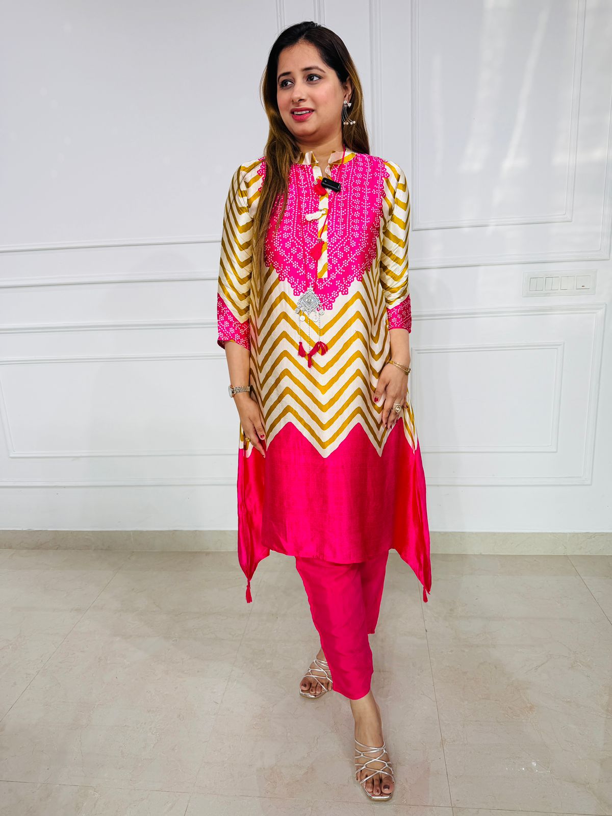 Zivara | Pink & Gold Printed Co-Ord Set with Tassel Detail