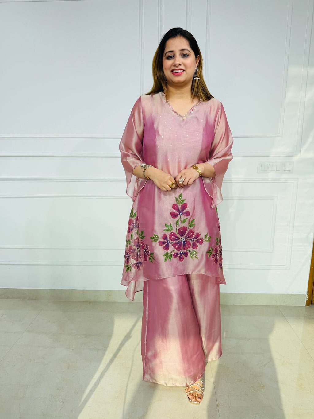 Shafaq 2.O | Blush Organza Floral Embroidered Kurta Set with Palazzo Pants