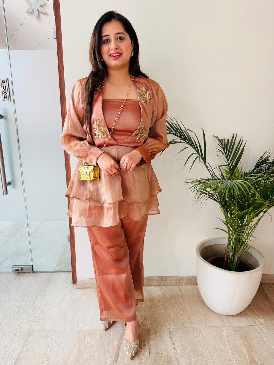 Seraya – Rust Gold Embellished Organza Co-Ord Set