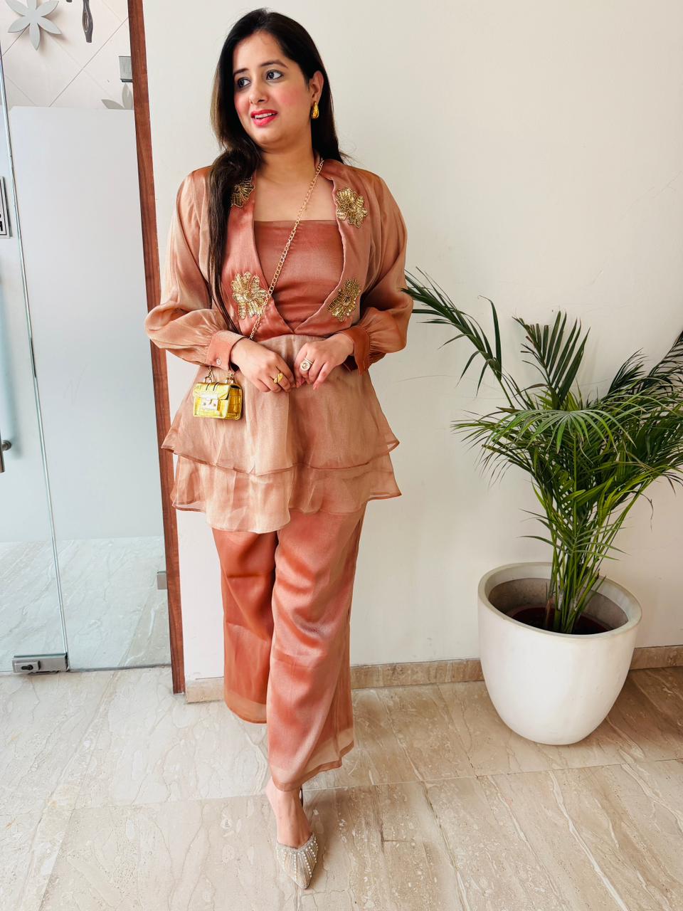 Seraya – Rust Gold Embellished Organza Co-Ord Set