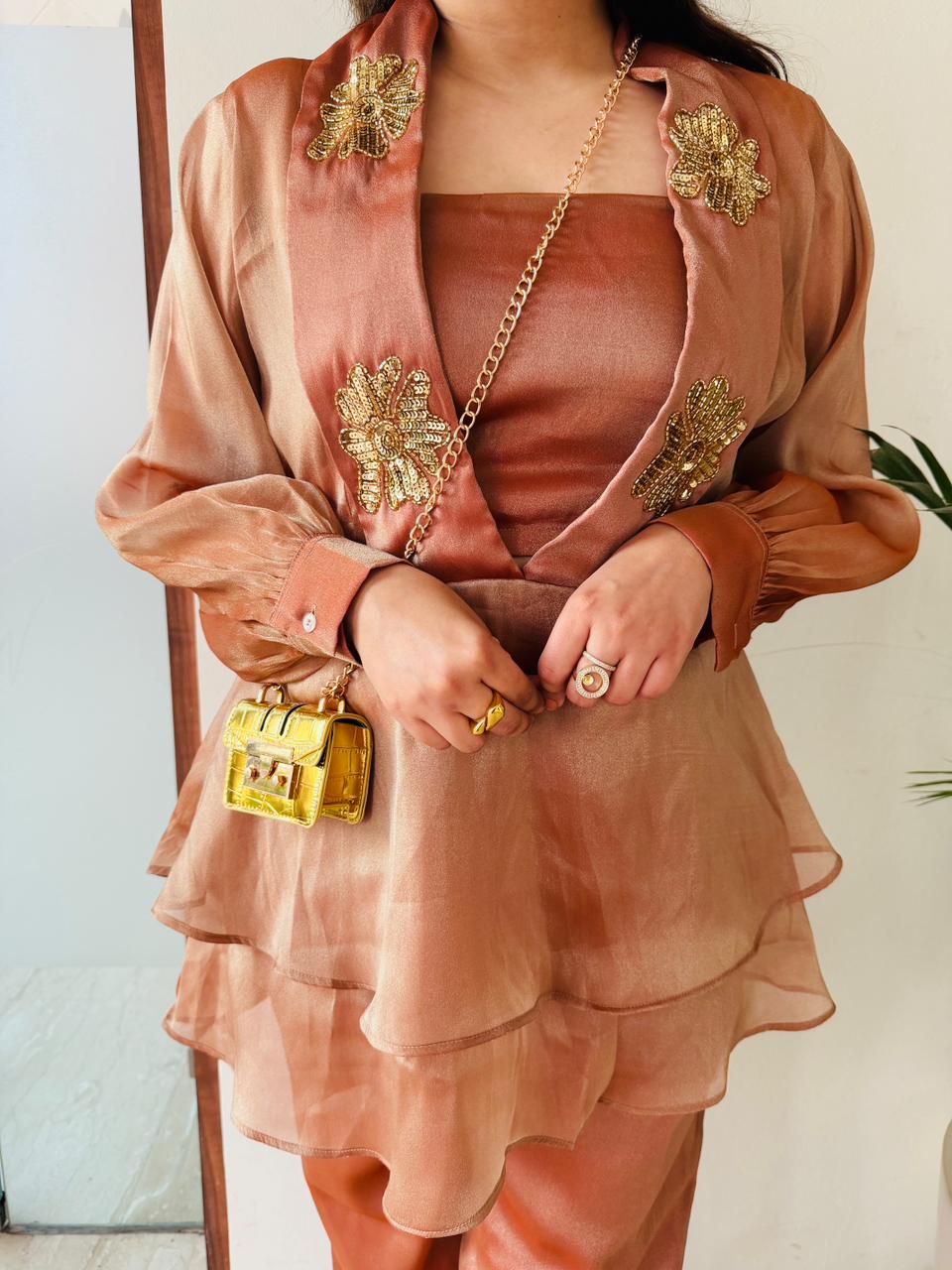 Seraya – Rust Gold Embellished Organza Co-Ord Set