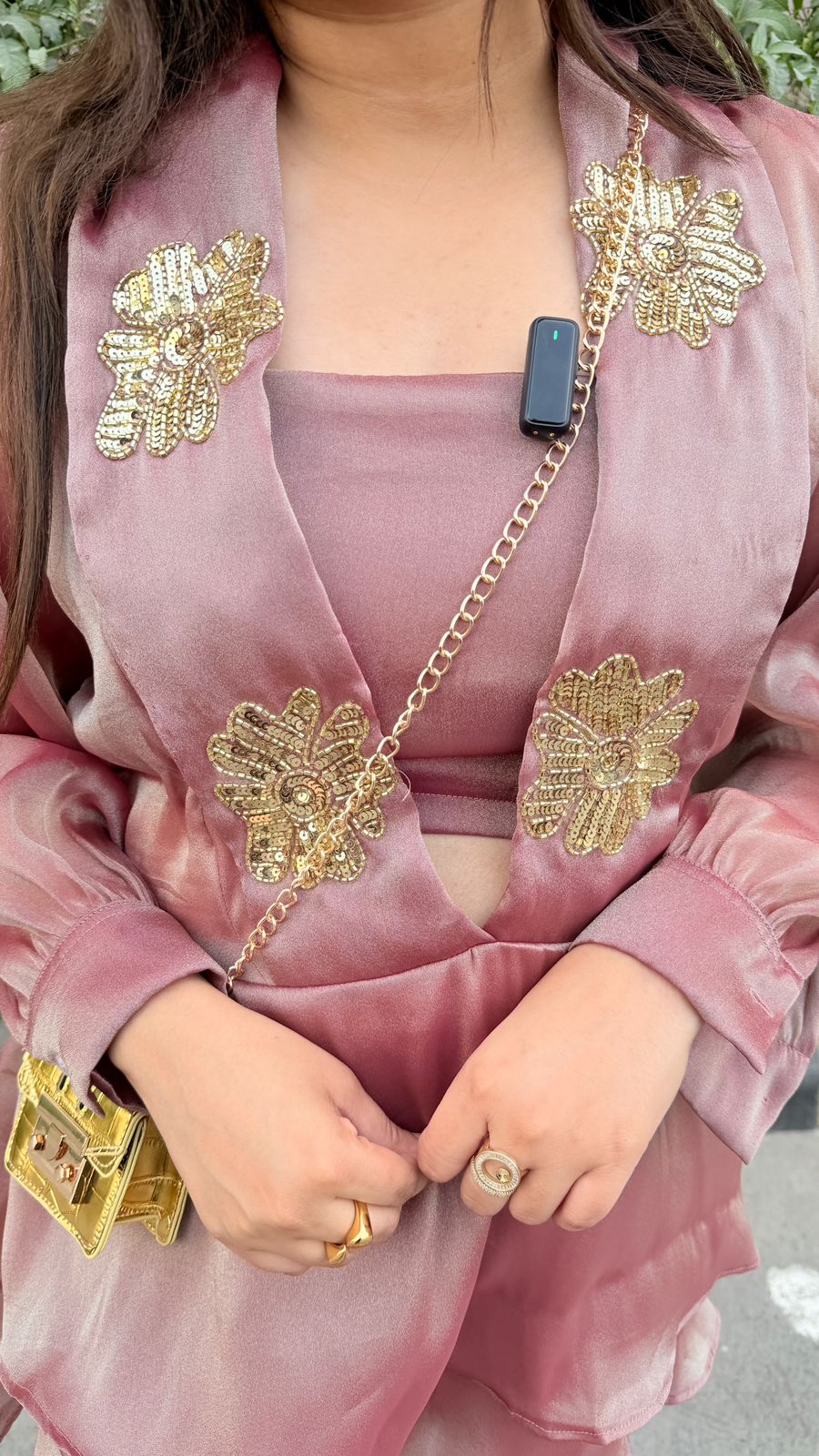 Zareen | Blush Organza Co-Ord Set with Gold Embellished Jacket