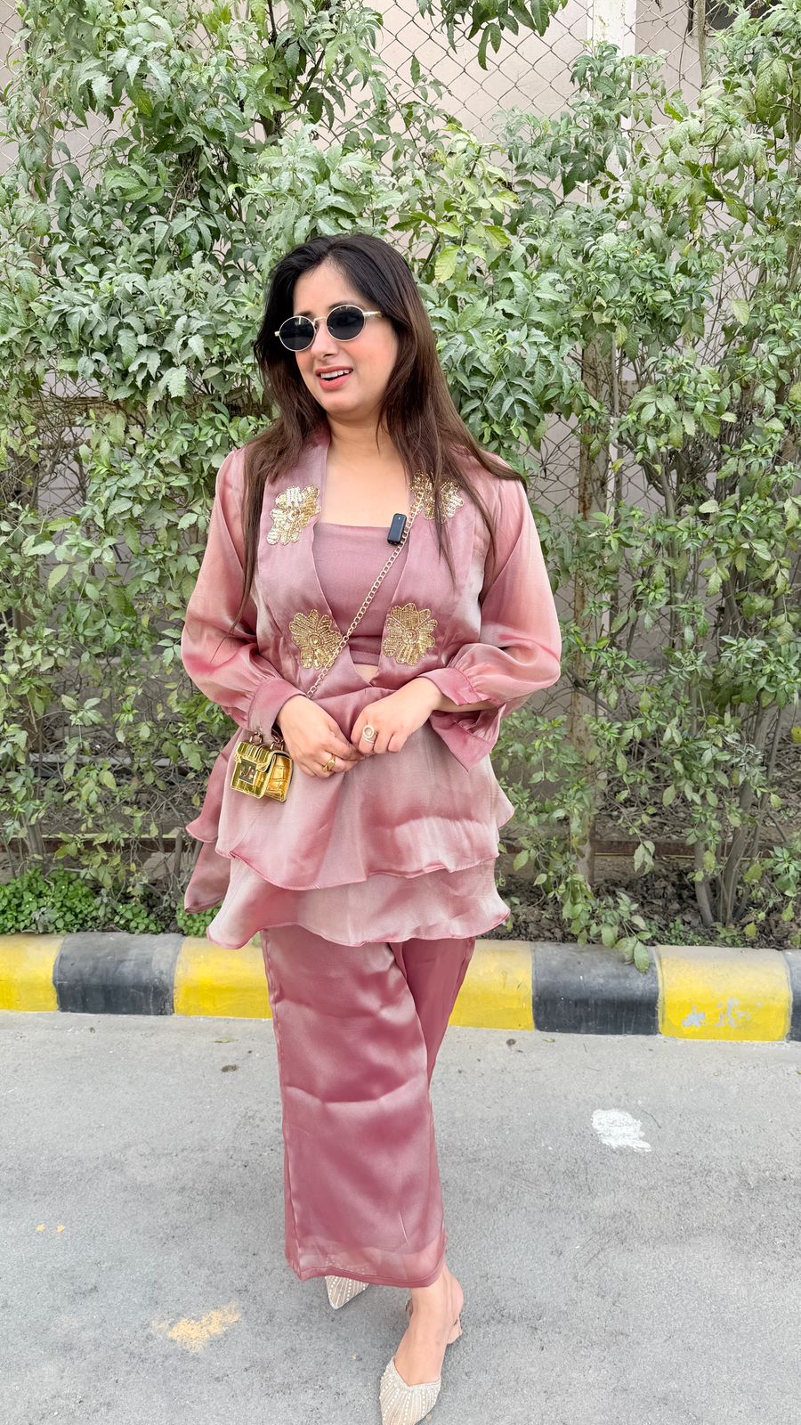 Zareen | Blush Organza Co-Ord Set with Gold Embellished Jacket