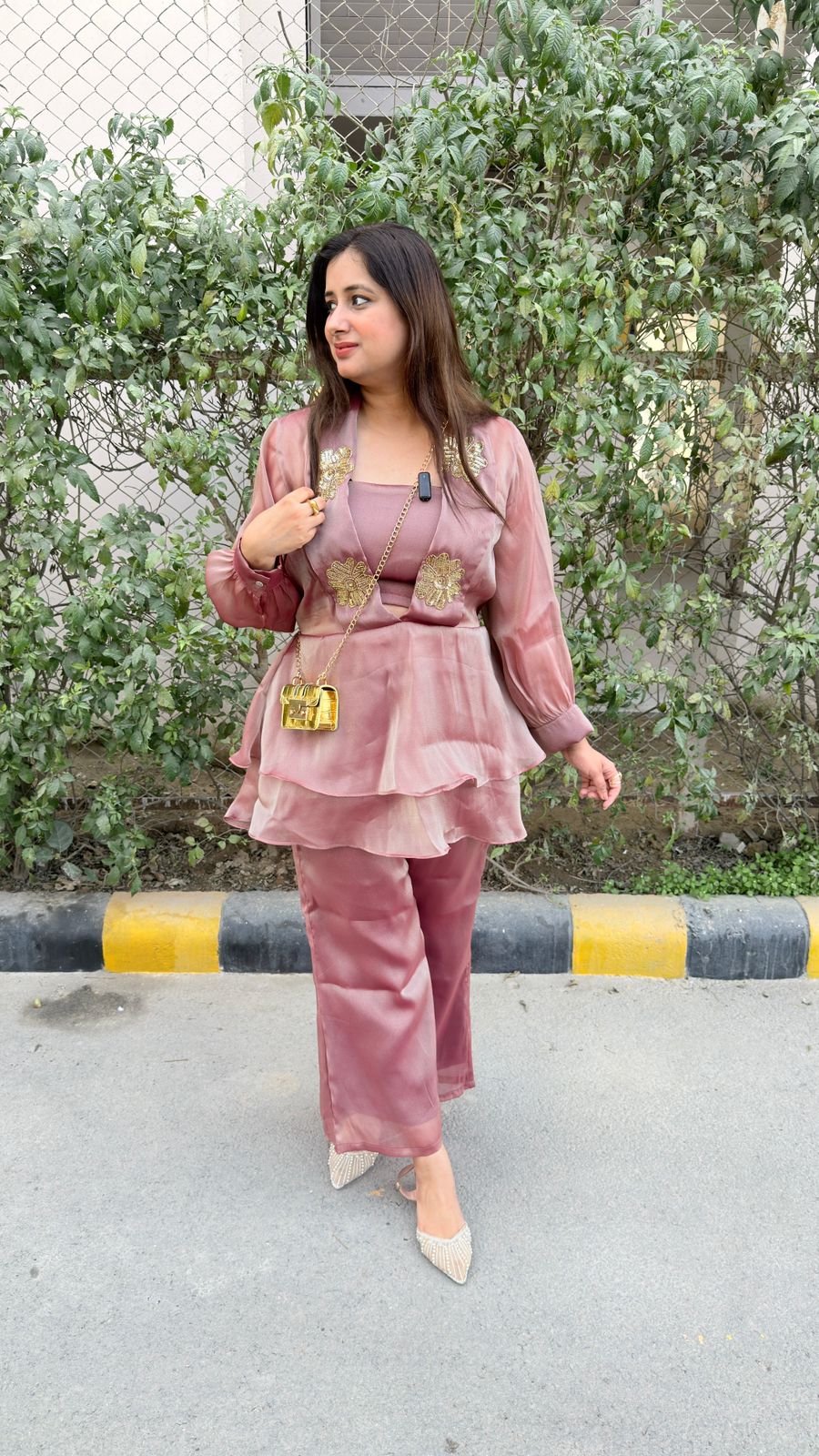 Zareen | Blush Organza Co-Ord Set with Gold Embellished Jacket
