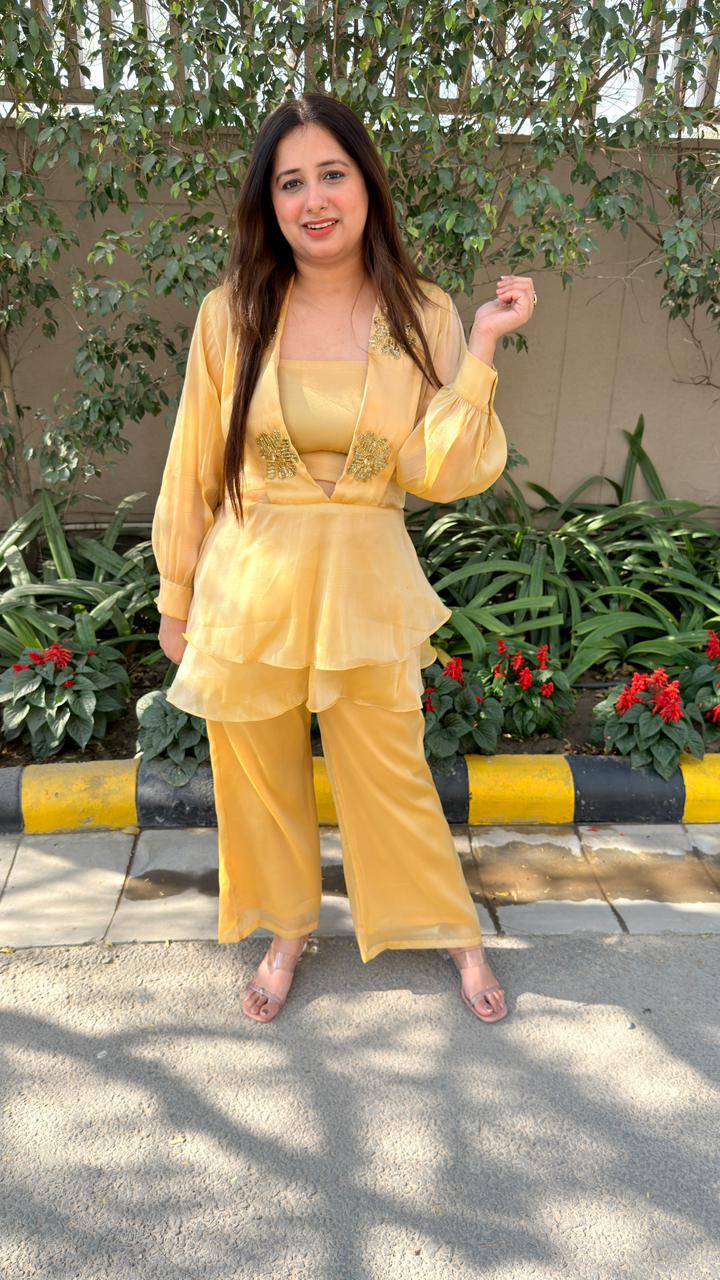 LUMÉRA | Golden Organza Layered Peplum Co-ord Set with Embellished Detailing