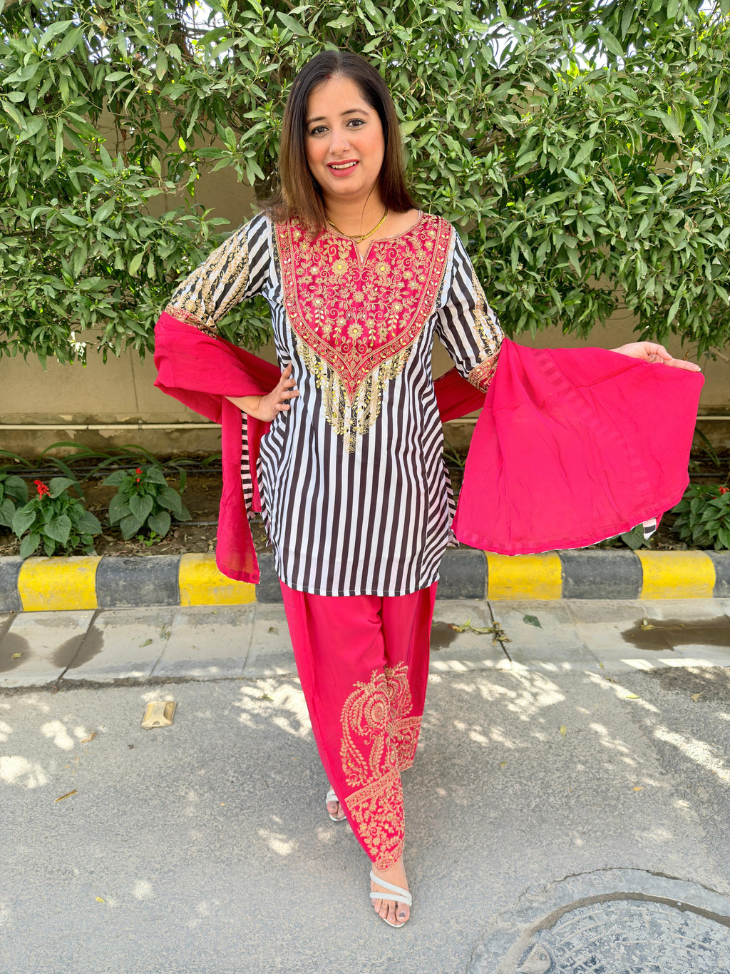 Zehra | Embroidered Striped Kurta Set with Dupatta