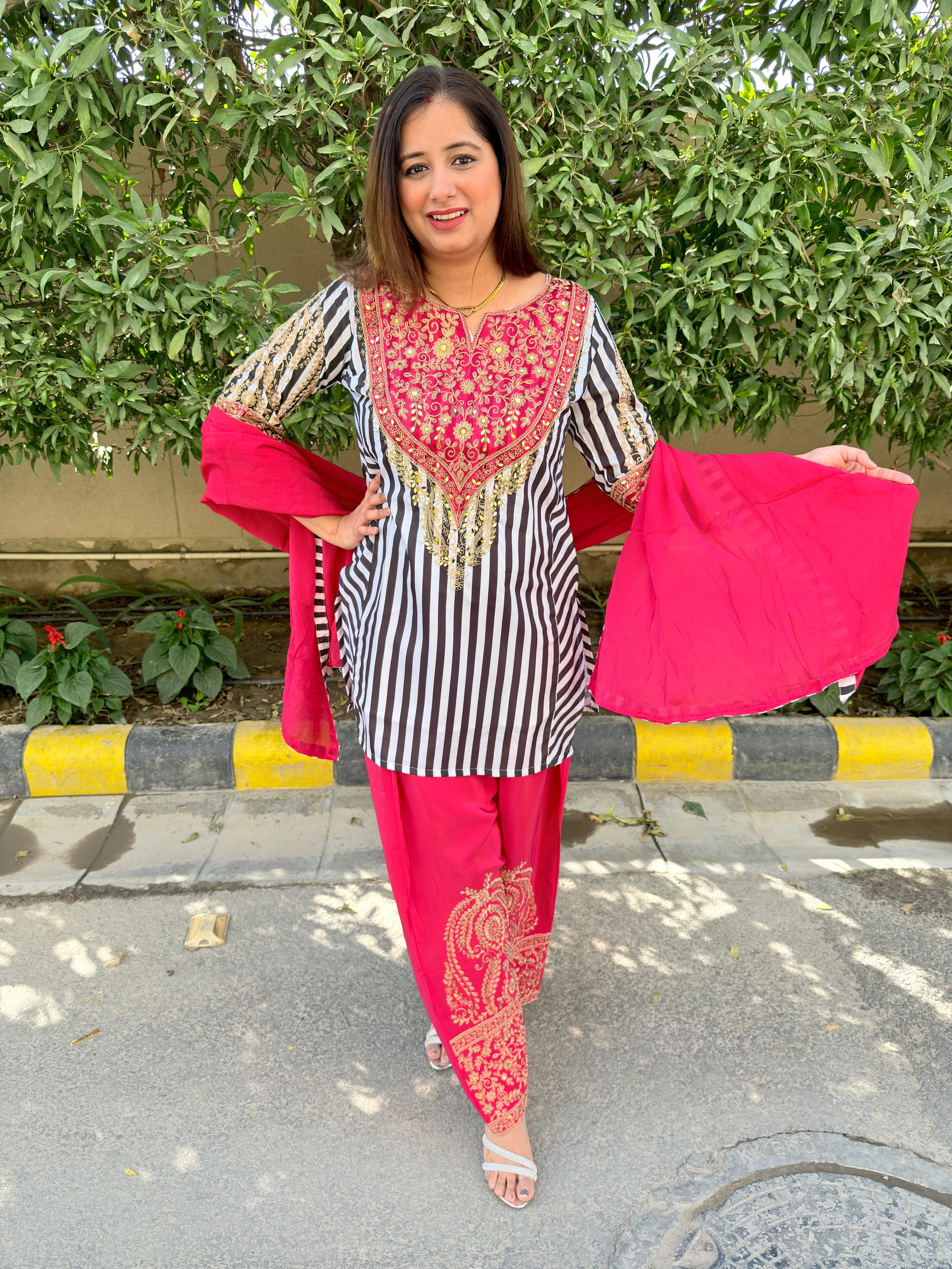 Zehra | Embroidered Striped Kurta Set with Dupatta