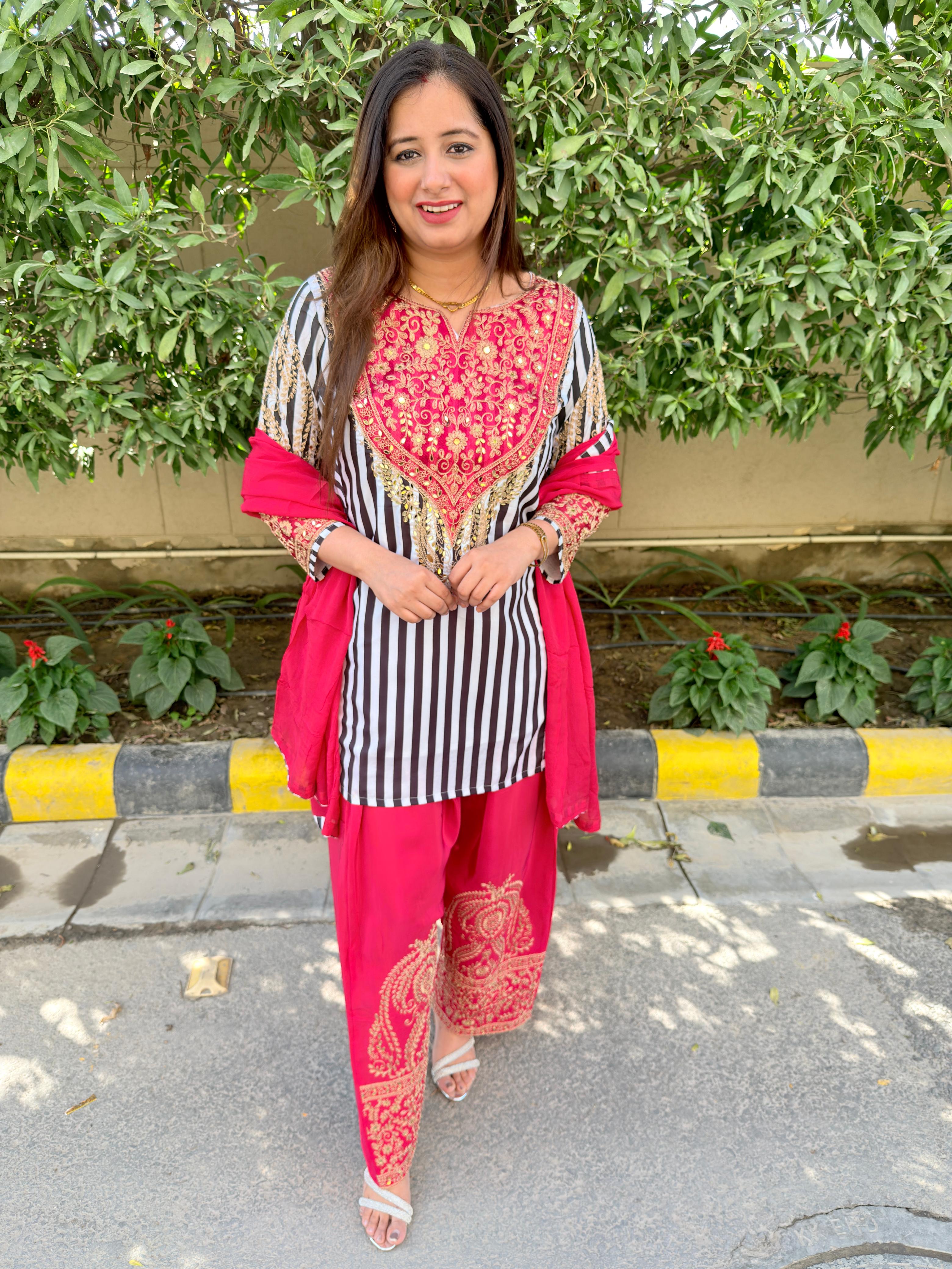 Zehra | Embroidered Striped Kurta Set with Dupatta