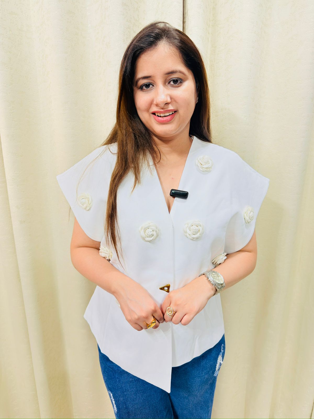 Roselle | White Floral Appliqué Structured Asymmetrical Statement Top