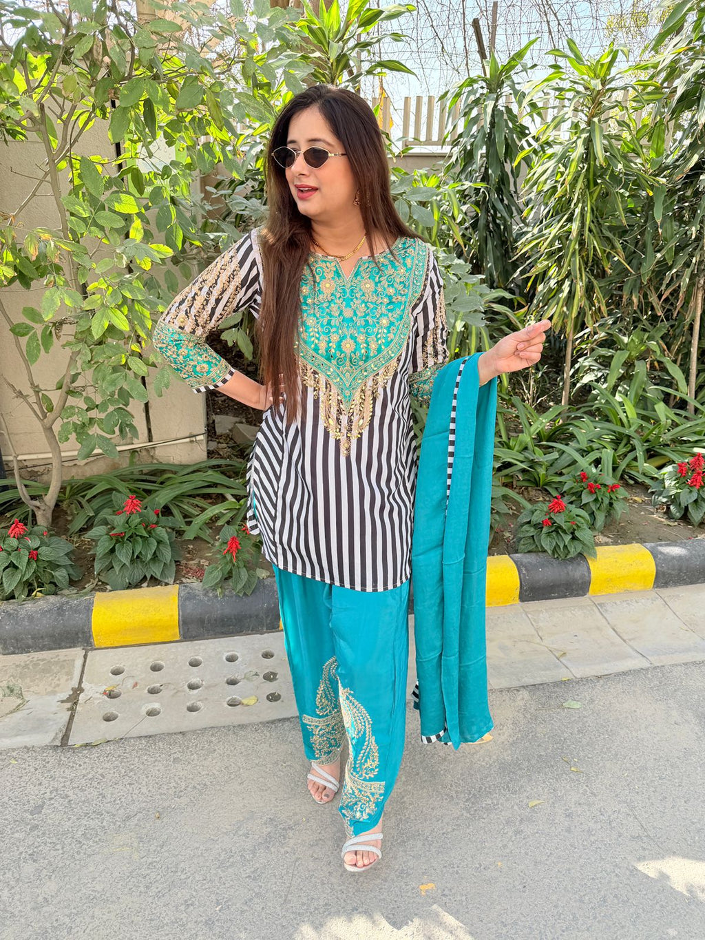 Zareeva | Teal Embroidered Kurta Set with Striped Kurta, Embellished Pants & Dupatta