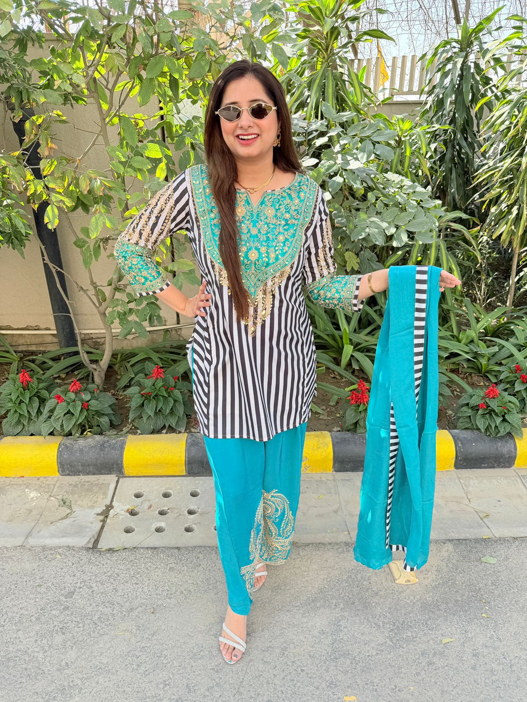 Zareeva | Teal Embroidered Kurta Set with Striped Kurta, Embellished Pants & Dupatta