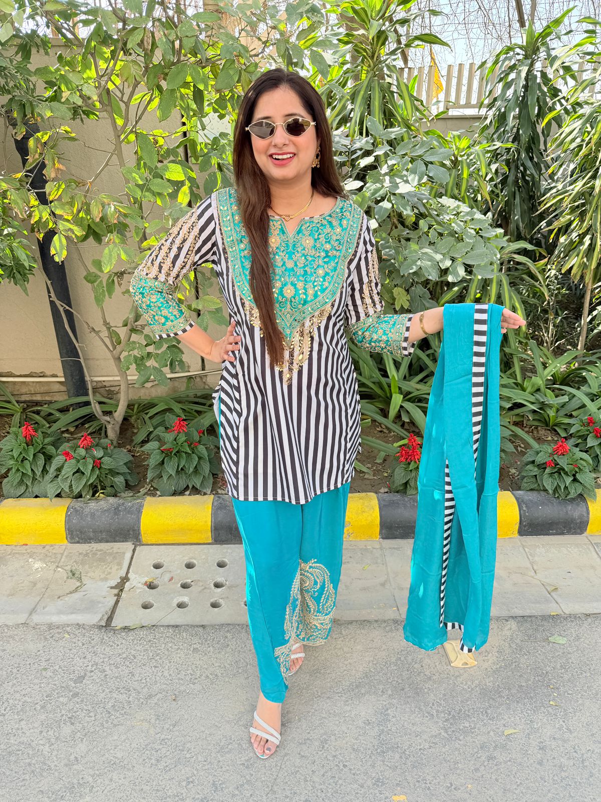 Zareeva | Teal Embroidered Kurta Set with Striped Kurta, Embellished Pants & Dupatta