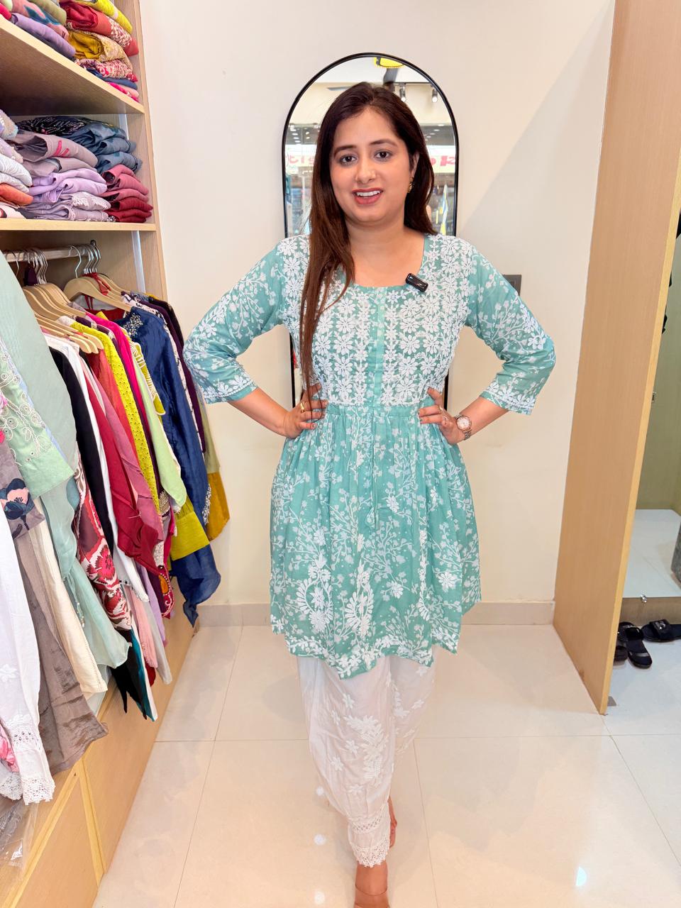 Vasudha | Mint Green Floral Kurta with White Embroidered Afghani Salwar Co-Ord Set
