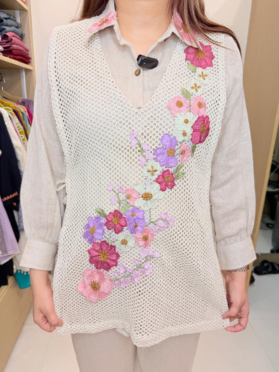 Ivory Bloom | Jute 3-Piece Coord Set with 3D Floral Jacket