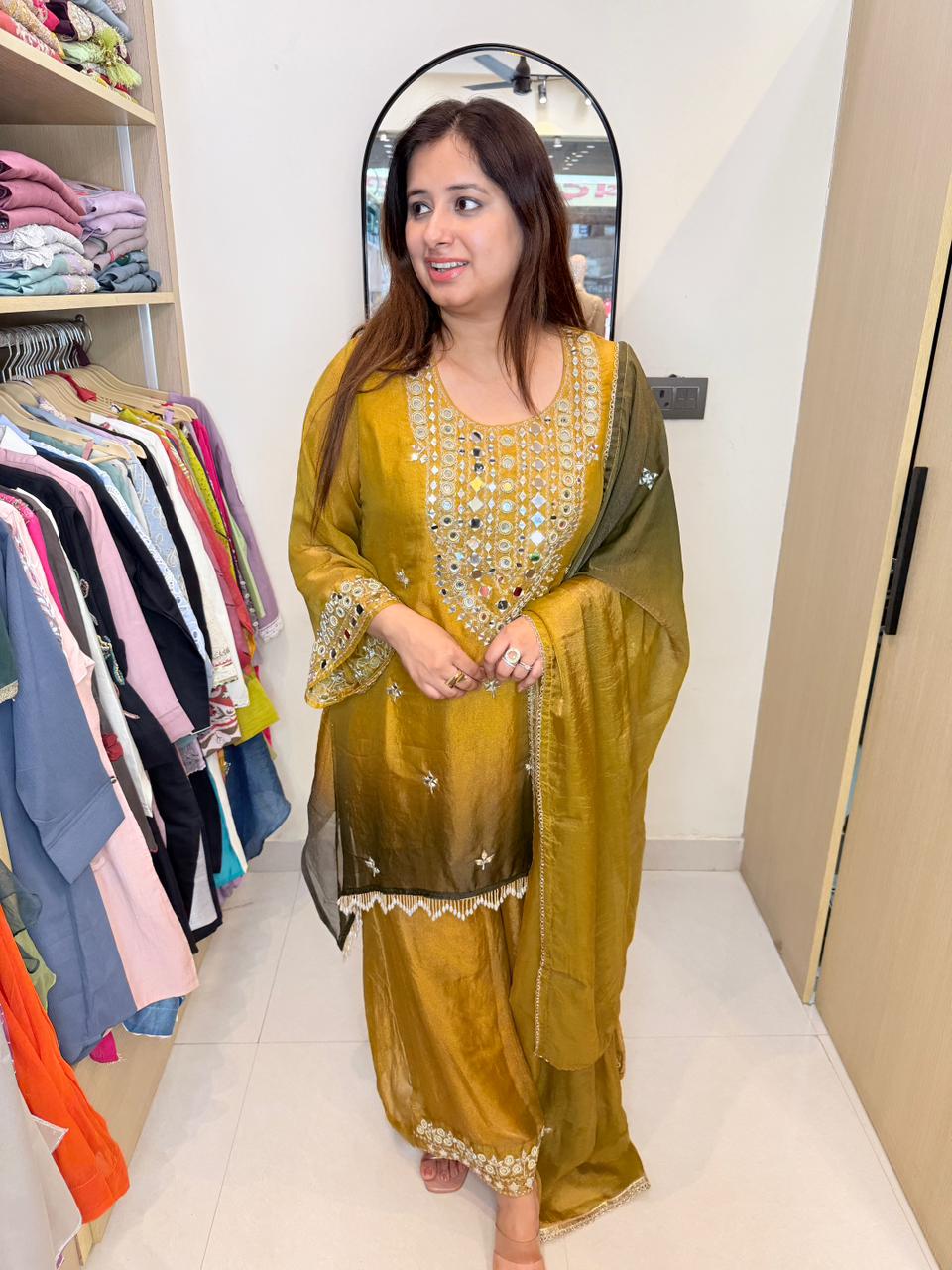 Zareen | Mustard Ombre Mirrorwork Suit Set