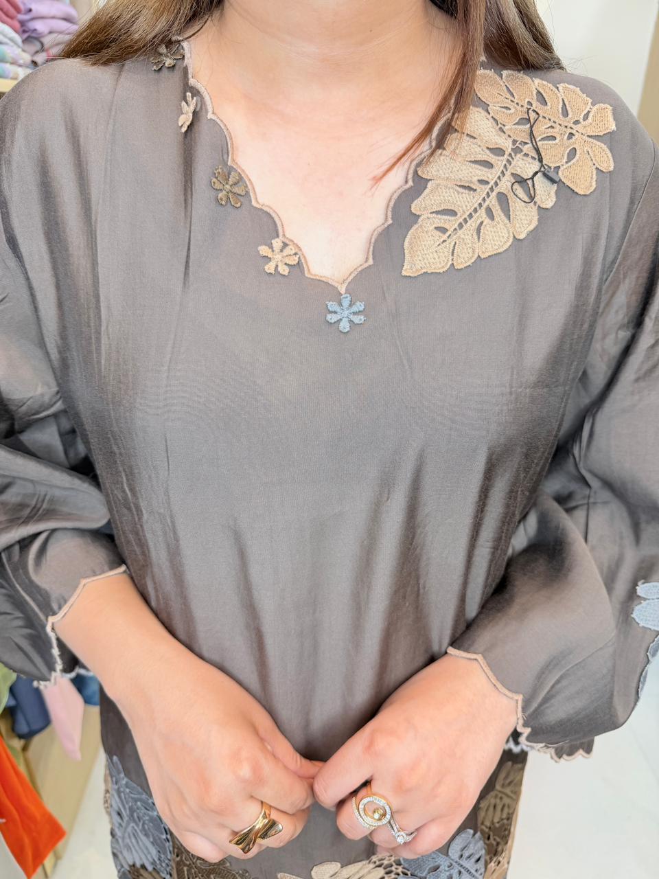 Elara | Lace Embroidered Mocha Brown Coord Set – Luxe Floral Kurta with Straight Pants ✨