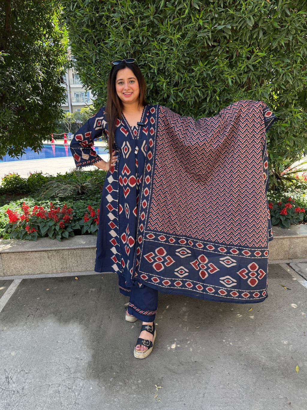 Aarzya | Navy Ajrakh Printed 3-Piece Suit Set with Statement Dupatta
