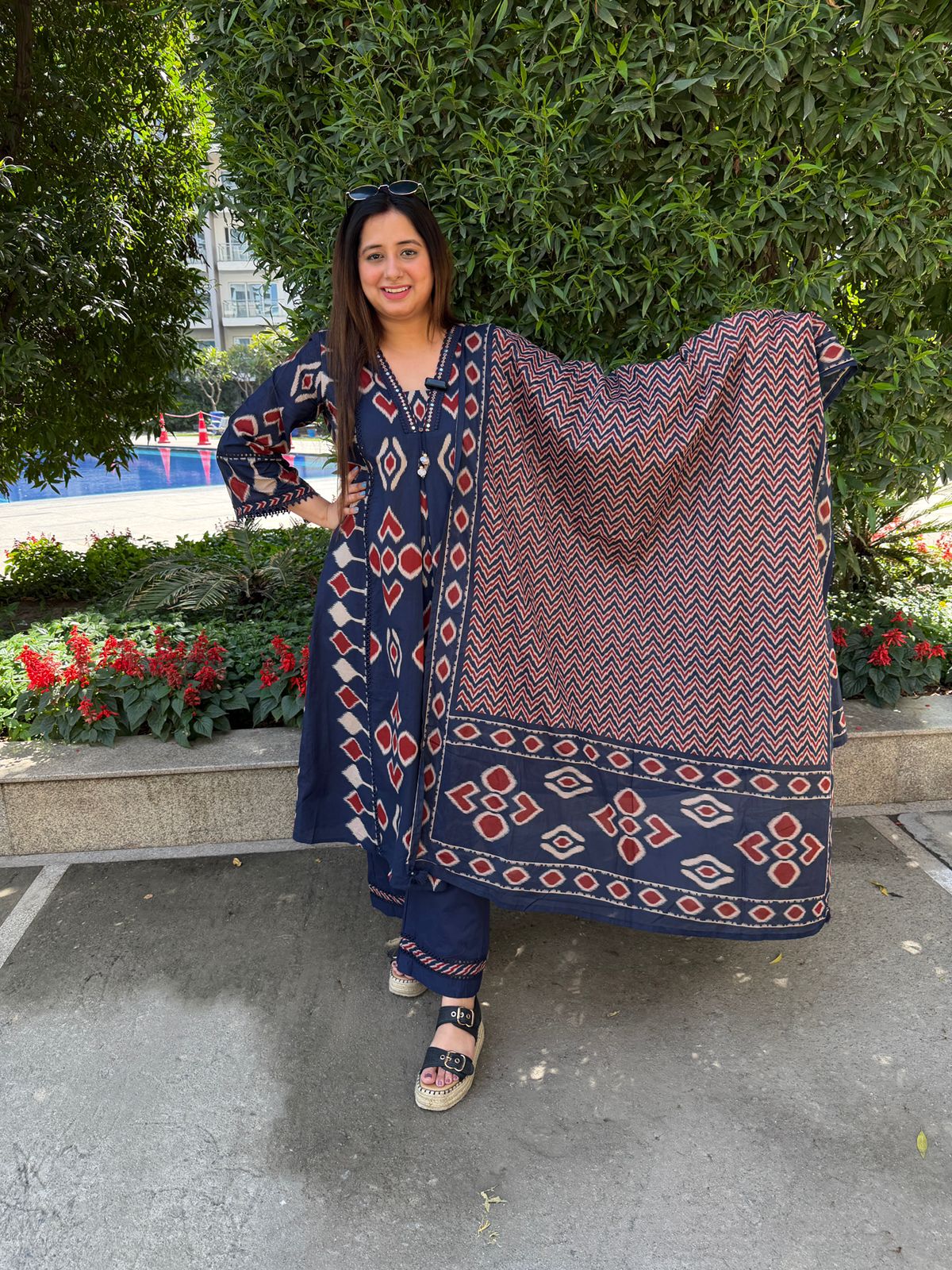 Aarzya | Navy Ajrakh Printed 3-Piece Suit Set with Statement Dupatta