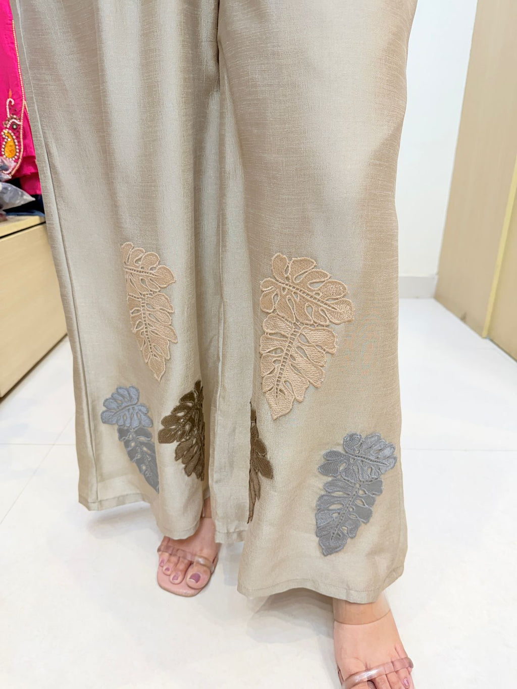 Aarika | Beige Embroidered Co-ord Set with Statement Overlay & Wide-Leg Pants