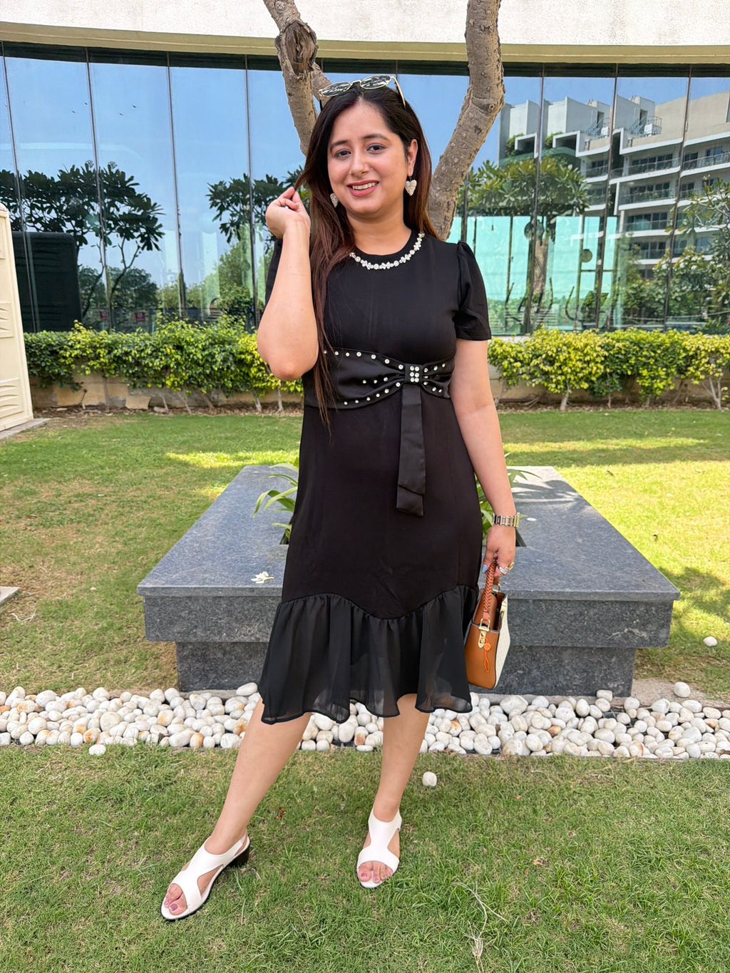 Noirva | Black Embellished Bow Detail Fit & Flare Dress