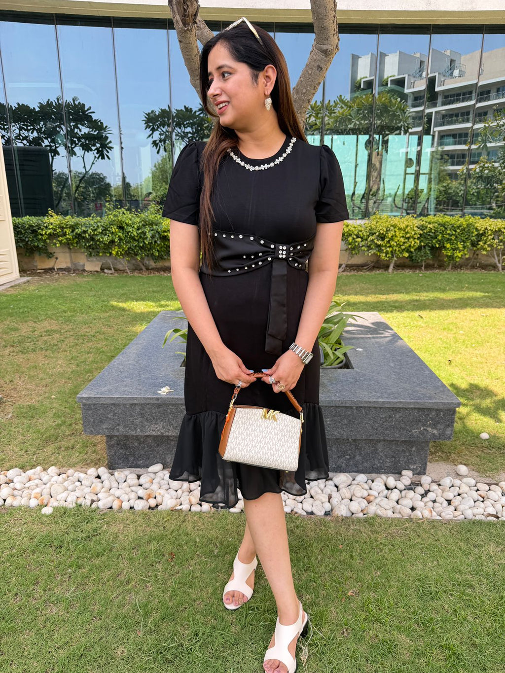 Noirva | Black Embellished Bow Detail Fit & Flare Dress