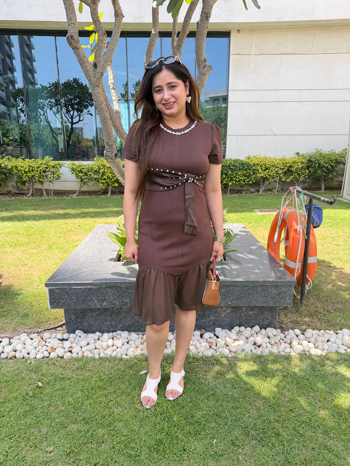 Cocoaara | Brown Embellished Bow Detail Fit & Flare Dress