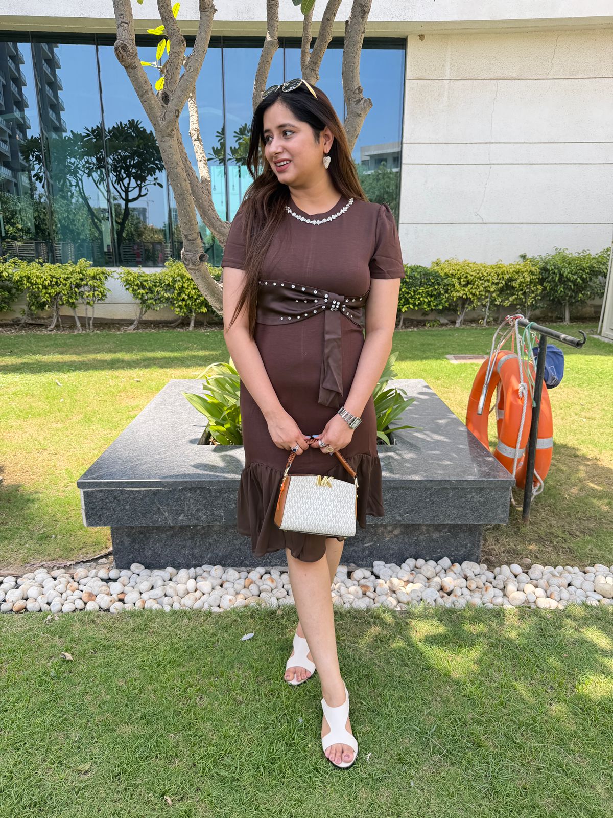 Cocoaara | Brown Embellished Bow Detail Fit & Flare Dress
