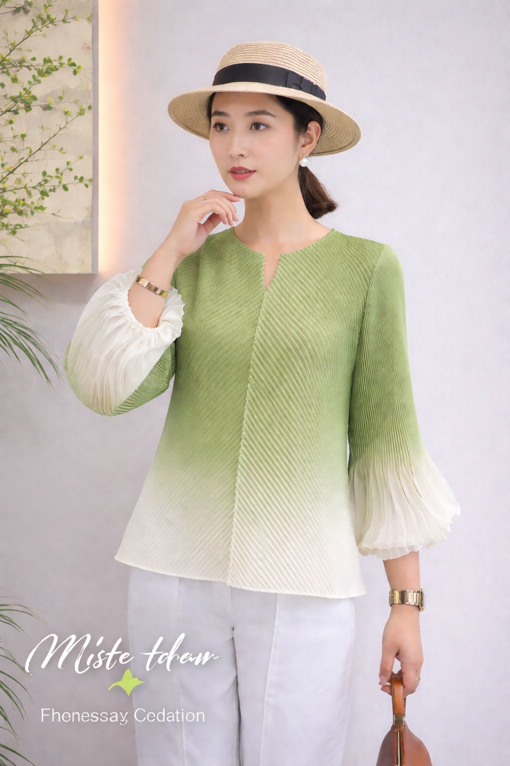 Zephyra | Mist Top Pastel Green Pleated Ombre Top with Sheer Bell Sleeves