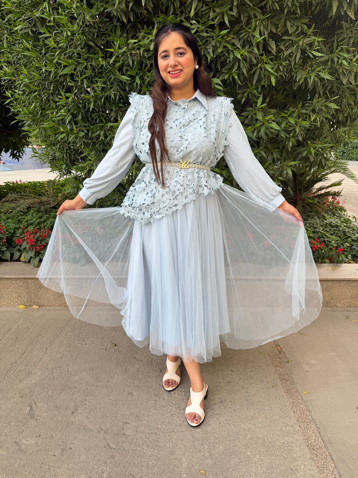 Aeryn  | Powder Blue Lace Layered Midi Dress