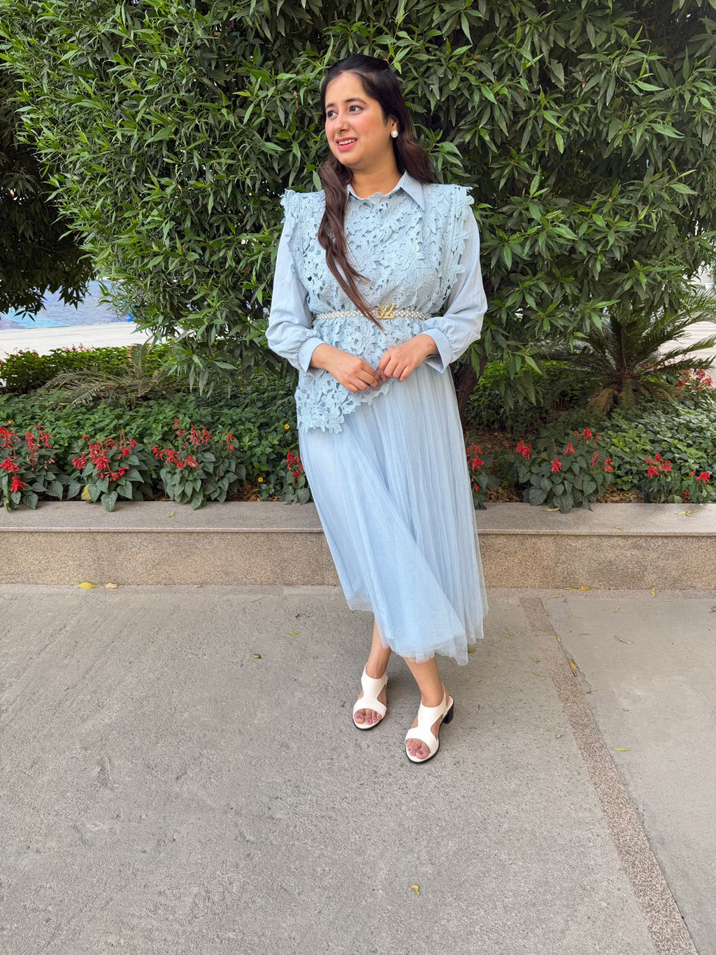 Aeryn  | Powder Blue Lace Layered Midi Dress