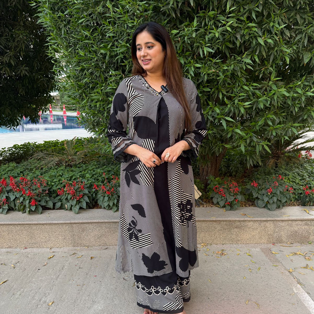 Kaashvi | Black Printed Kurta Palazzo Set
