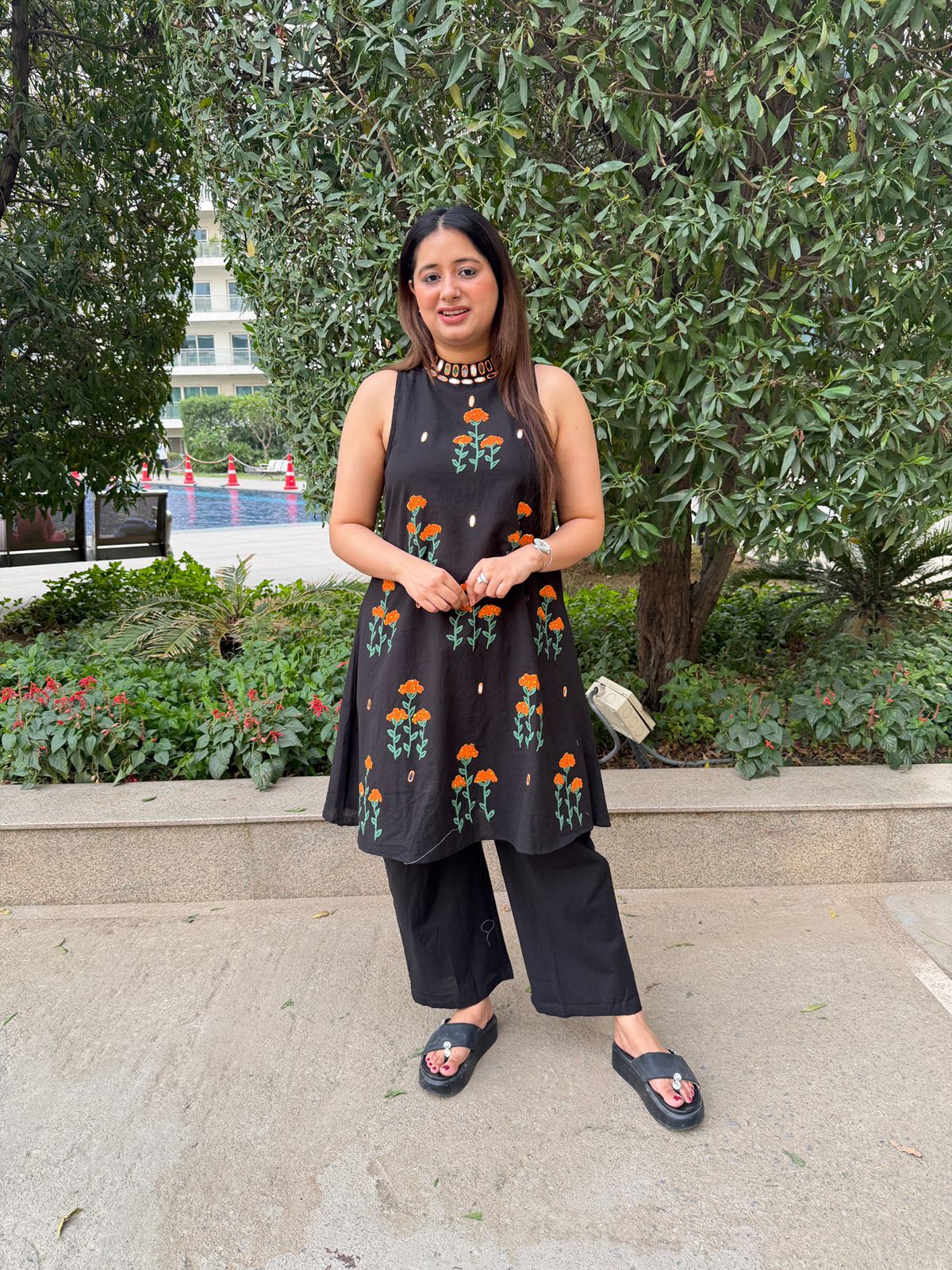 Noirika 🖤 | Black Floral Embroidered A-Line Kurta with Palazzo