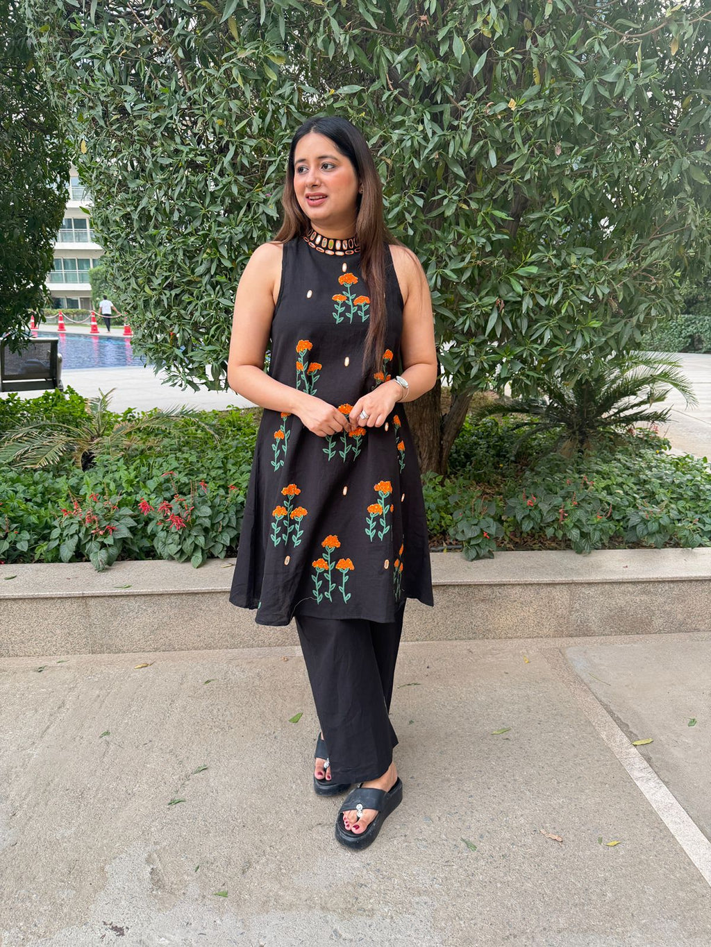 Noirika 🖤 | Black Floral Embroidered A-Line Kurta with Palazzo