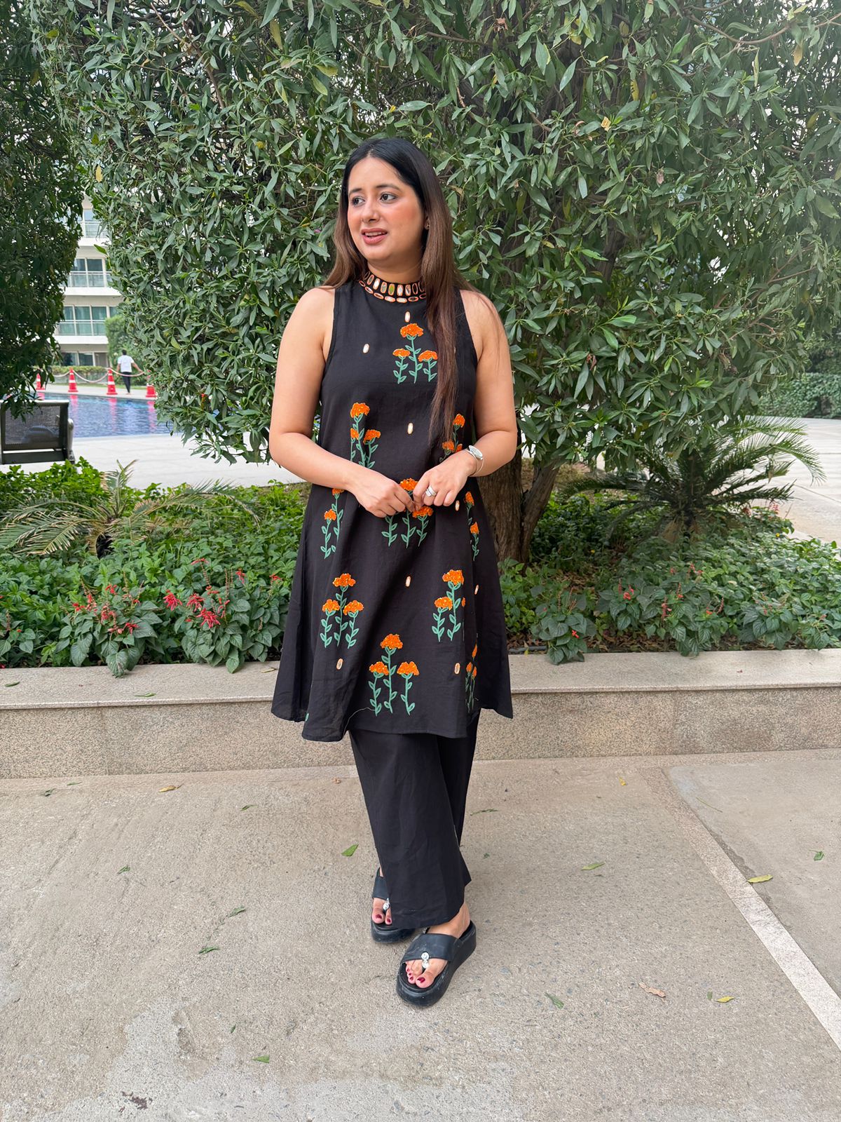 Noirika 🖤 | Black Floral Embroidered A-Line Kurta with Palazzo