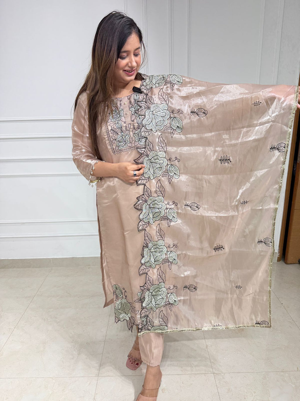 Elara ✨ | Beige Floral Embroidered Kurta Set with Dupatta