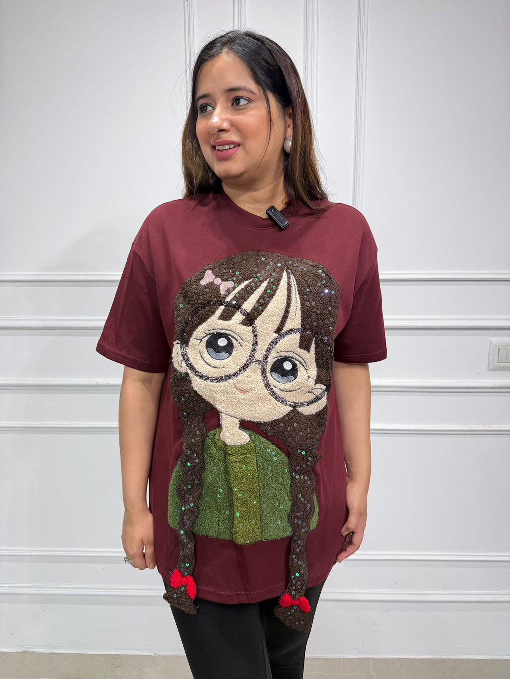 Zoya | Cartoon Embellished Oversized Tee 🍷✨