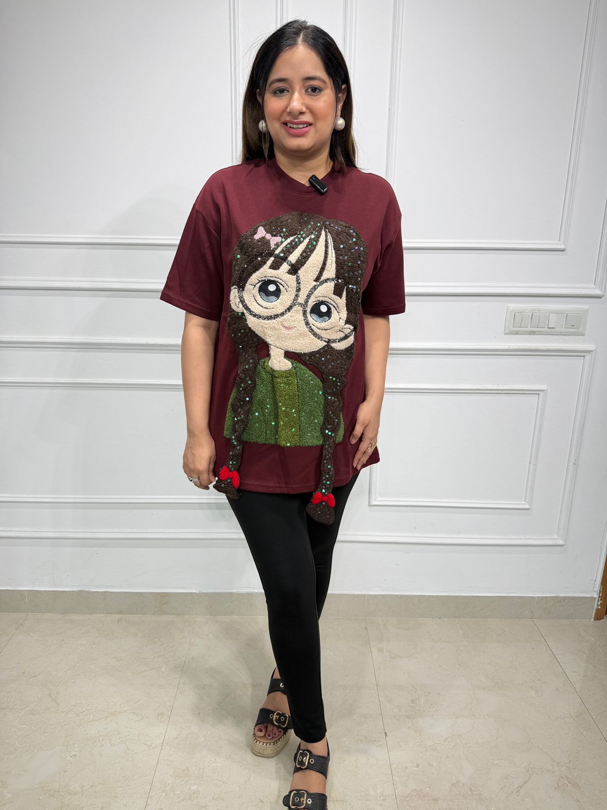 Zoya | Cartoon Embellished Oversized Tee 🍷✨