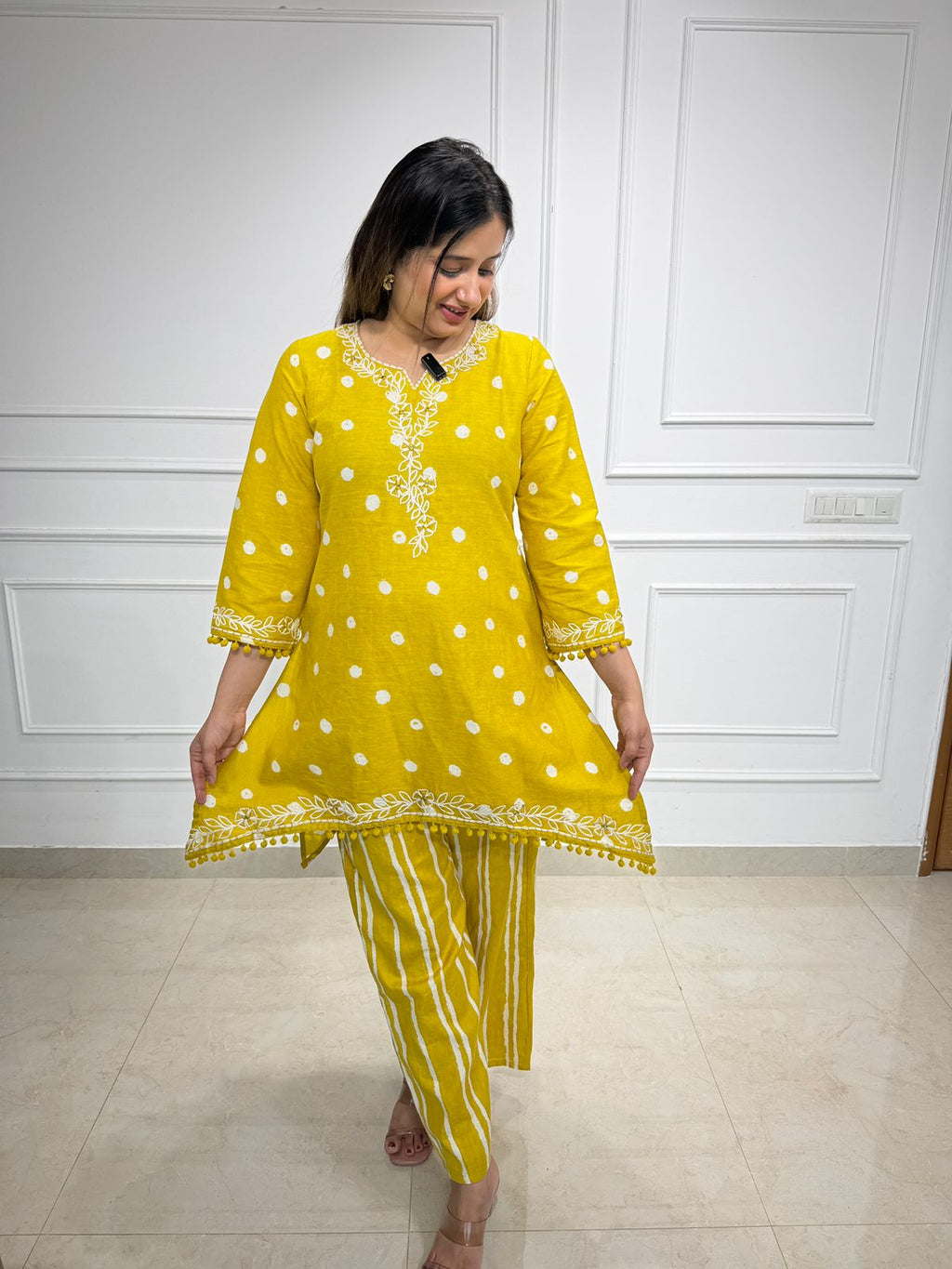 Pankhuri | Mustard Polka Embroidered Kurta Pant Set 🌼