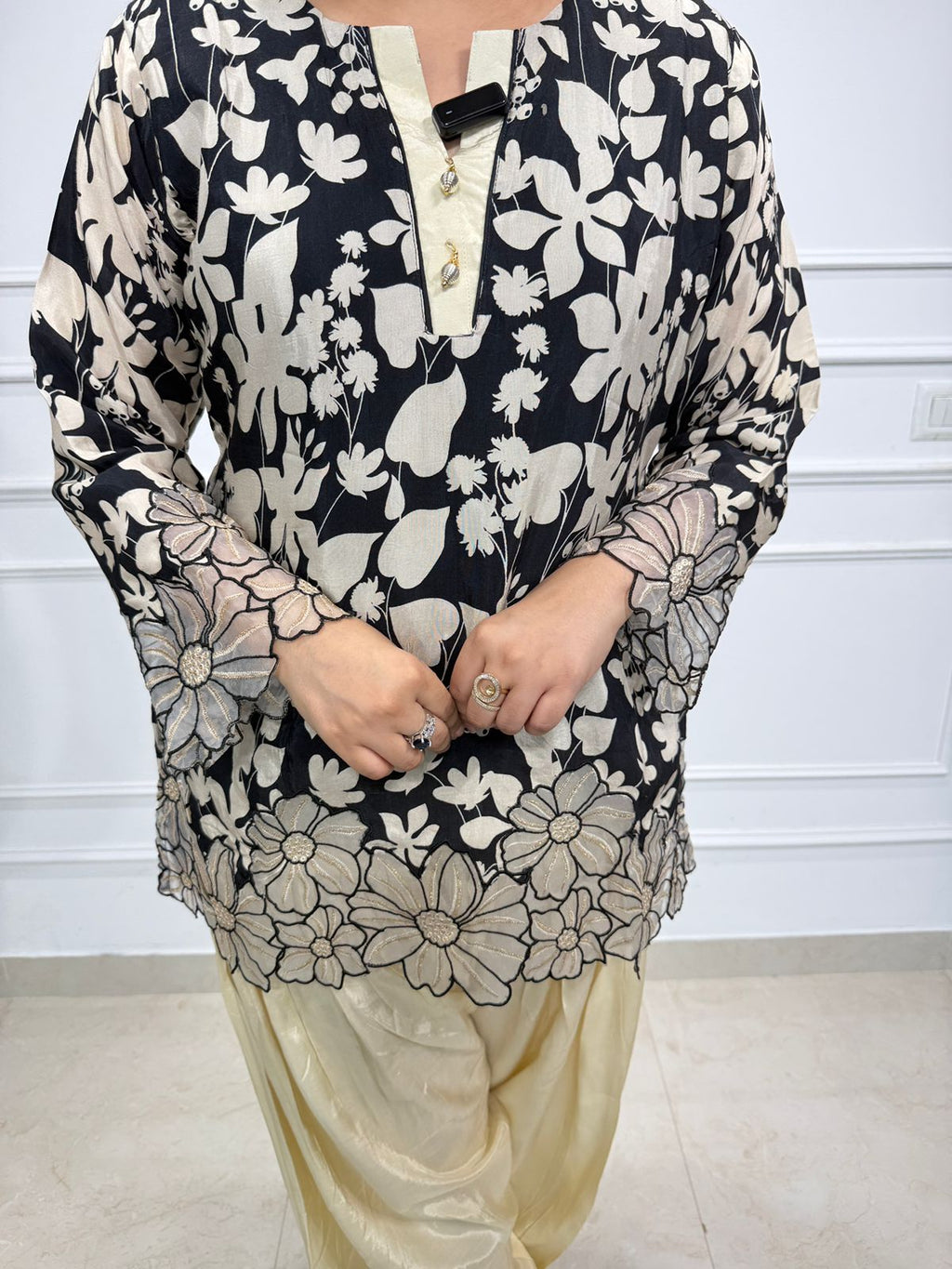 Zaria | Black Floral Kurta with Cream Dhoti Pant Set