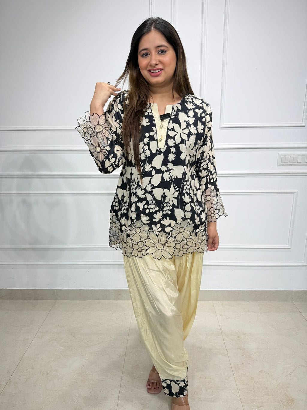 Zaria | Black Floral Kurta with Cream Dhoti Pant Set
