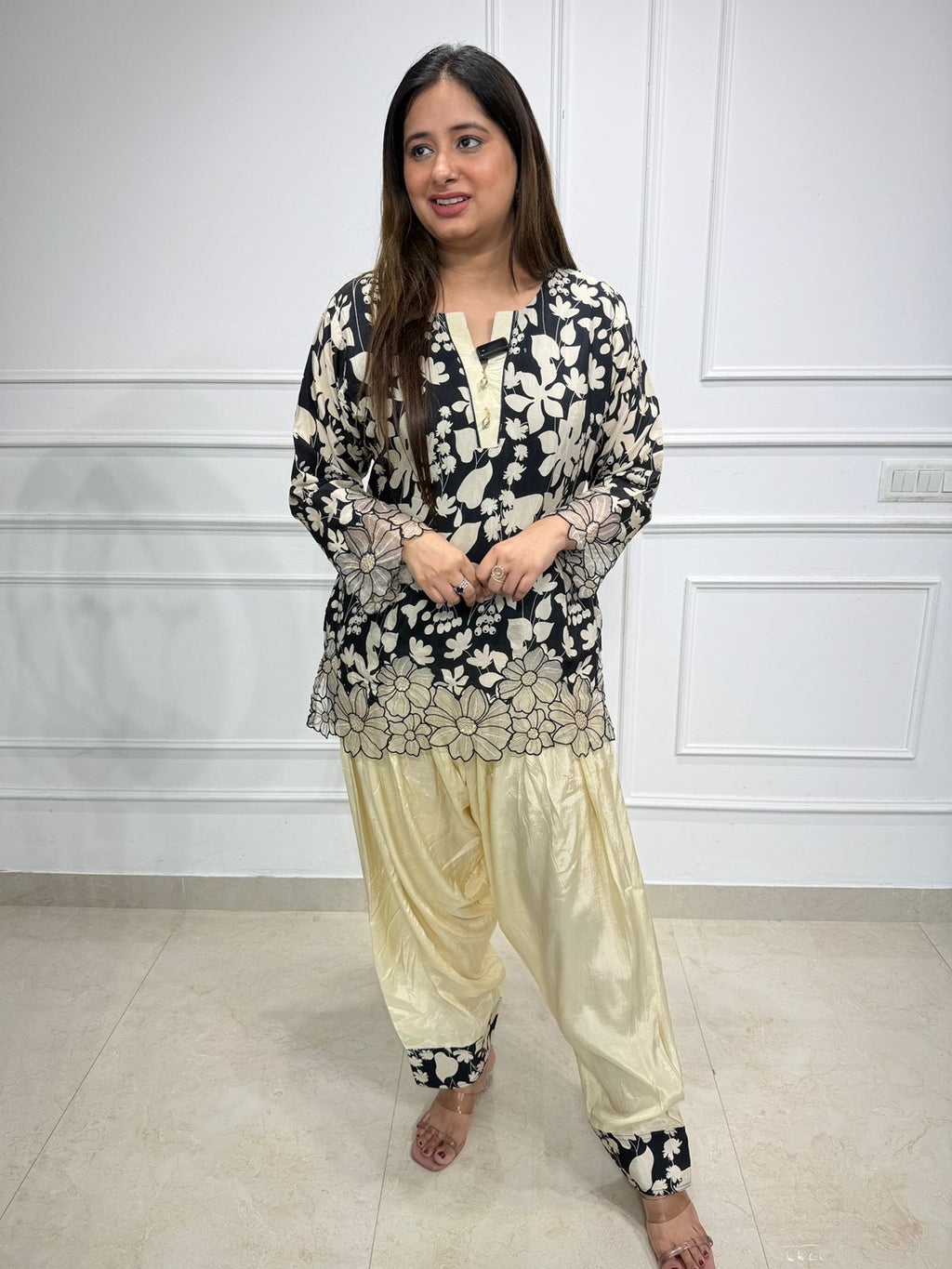 Zaria | Black Floral Kurta with Cream Dhoti Pant Set