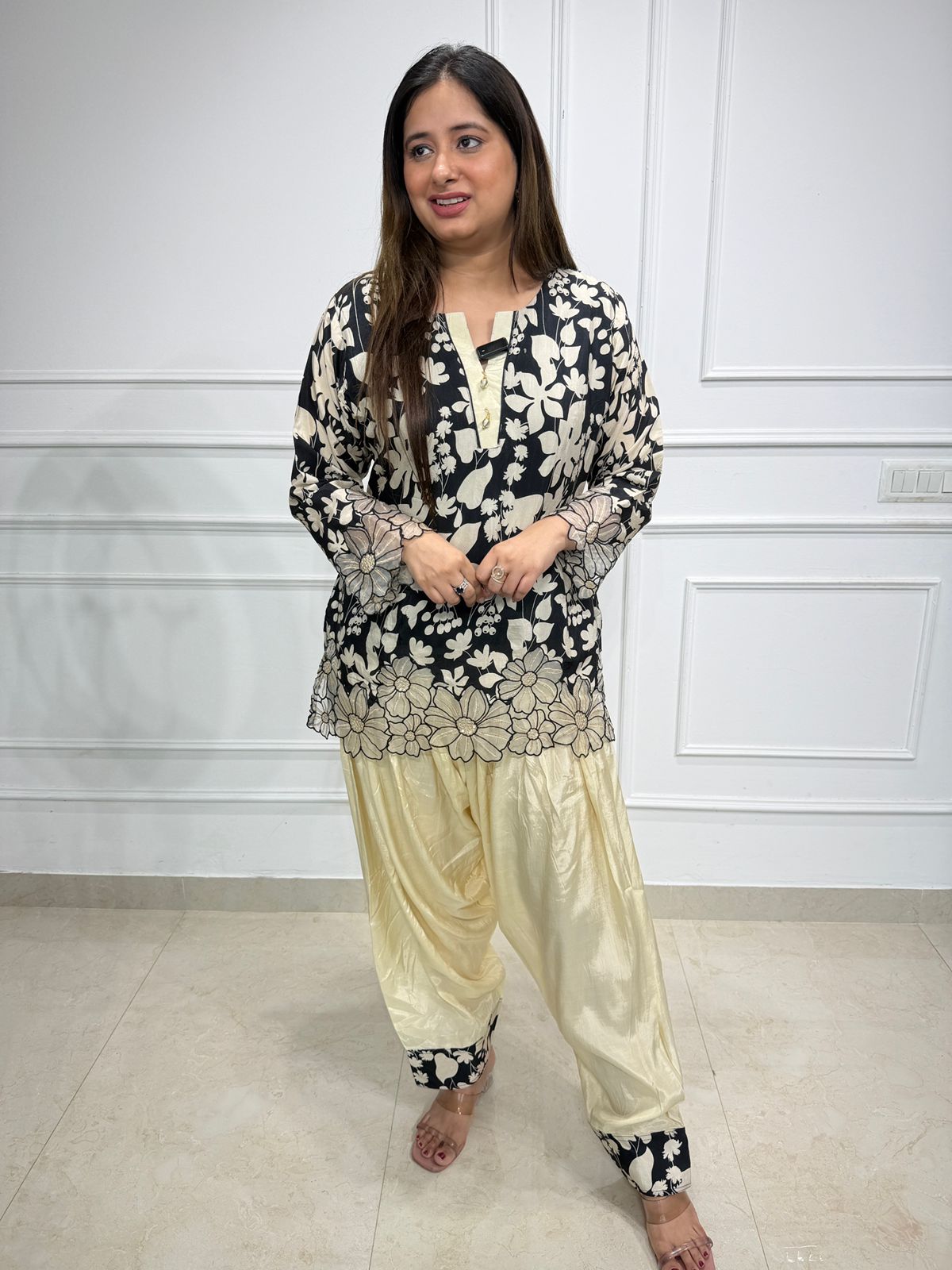 Zaria | Black Floral Kurta with Cream Dhoti Pant Set