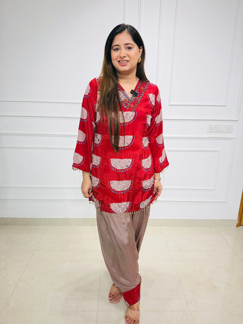 Ruvika | Red Embroidered Kurta & Dhoti Pant Set