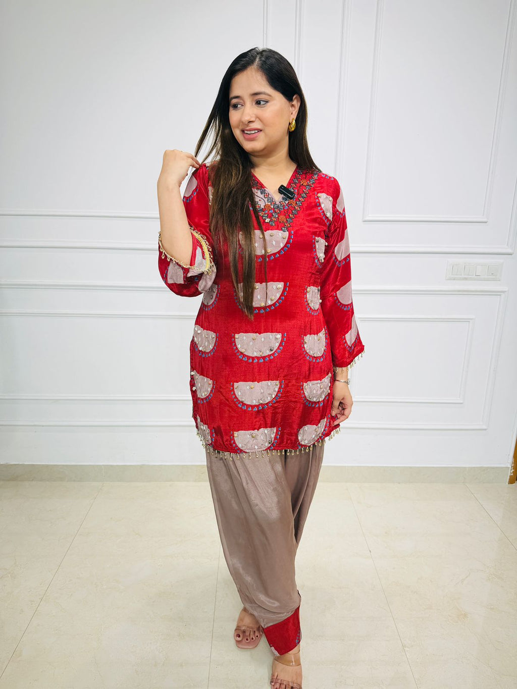 Ruvika | Red Embroidered Kurta & Dhoti Pant Set