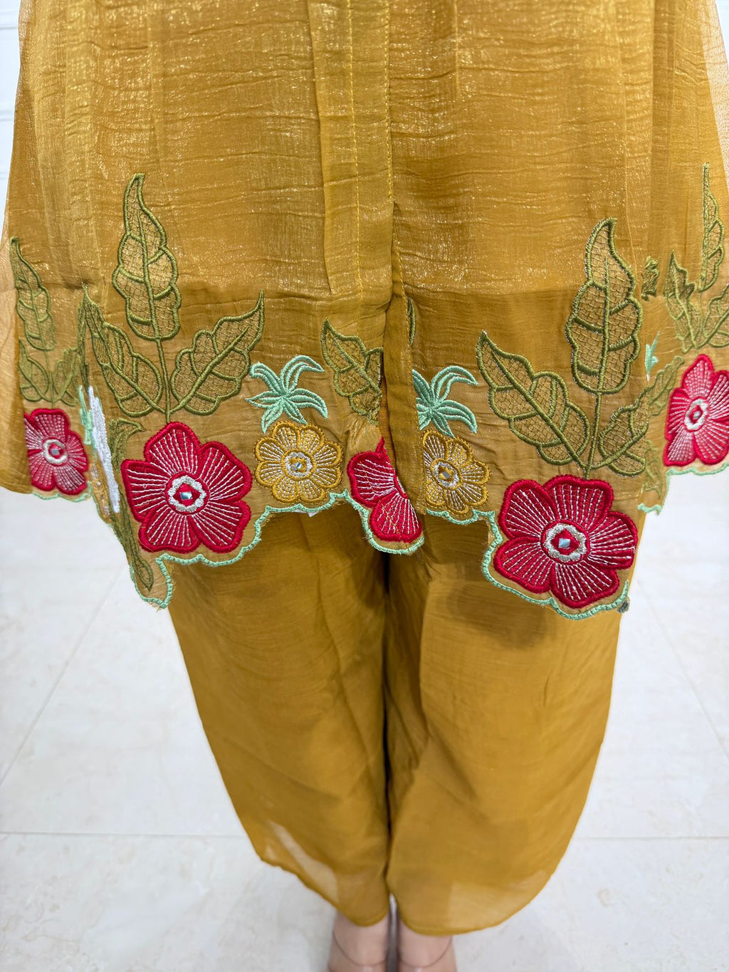 Zarelle | Mustard Floral Embroidered Peplum Co-ord Set