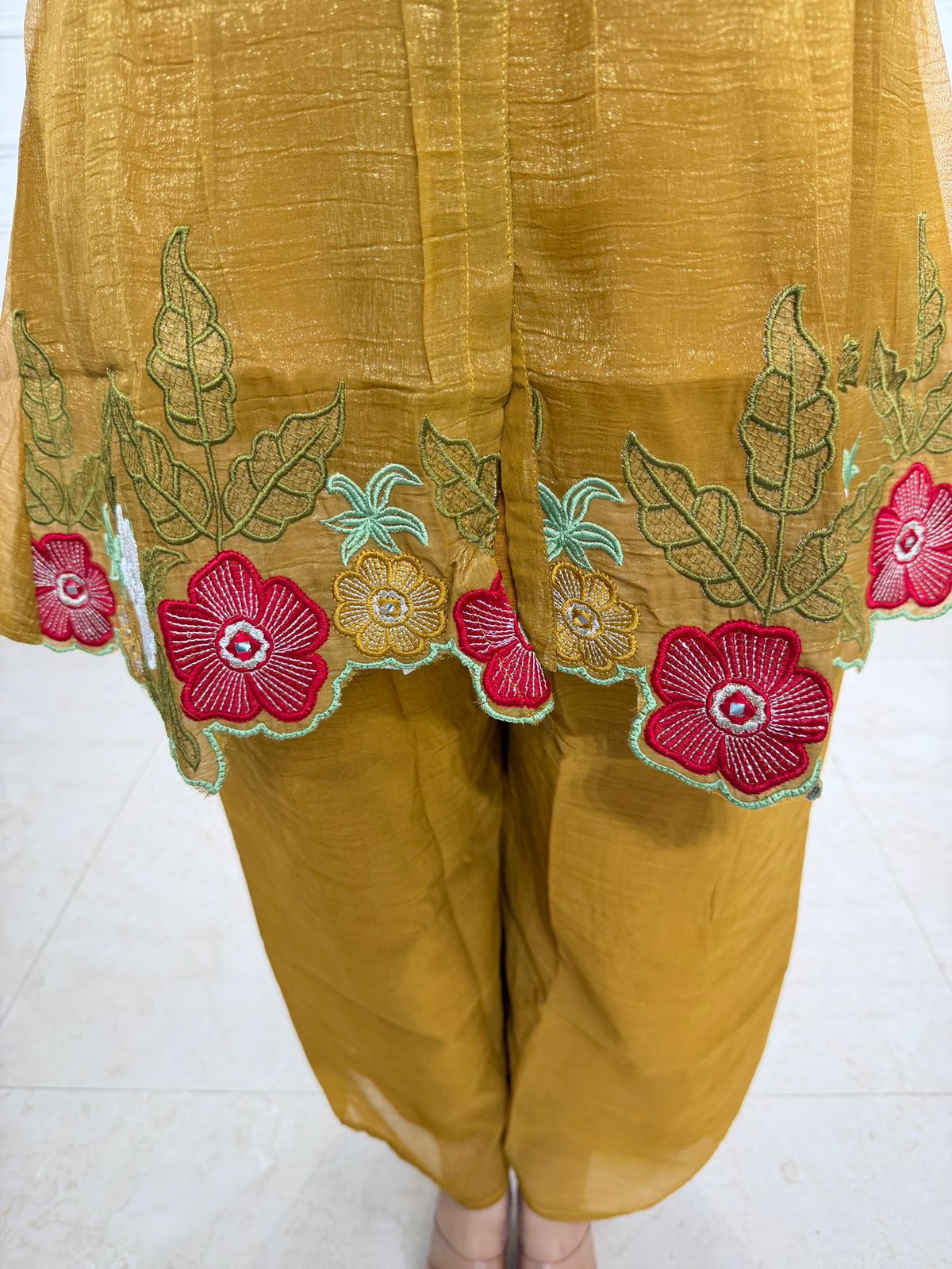 Zarelle | Mustard Floral Embroidered Peplum Co-ord Set