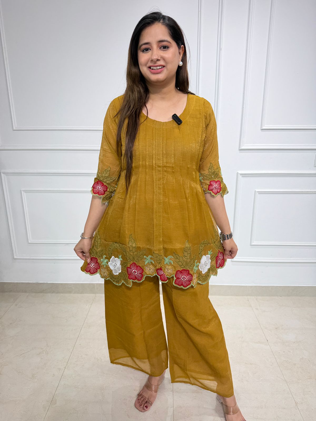Zarelle | Mustard Floral Embroidered Peplum Co-ord Set