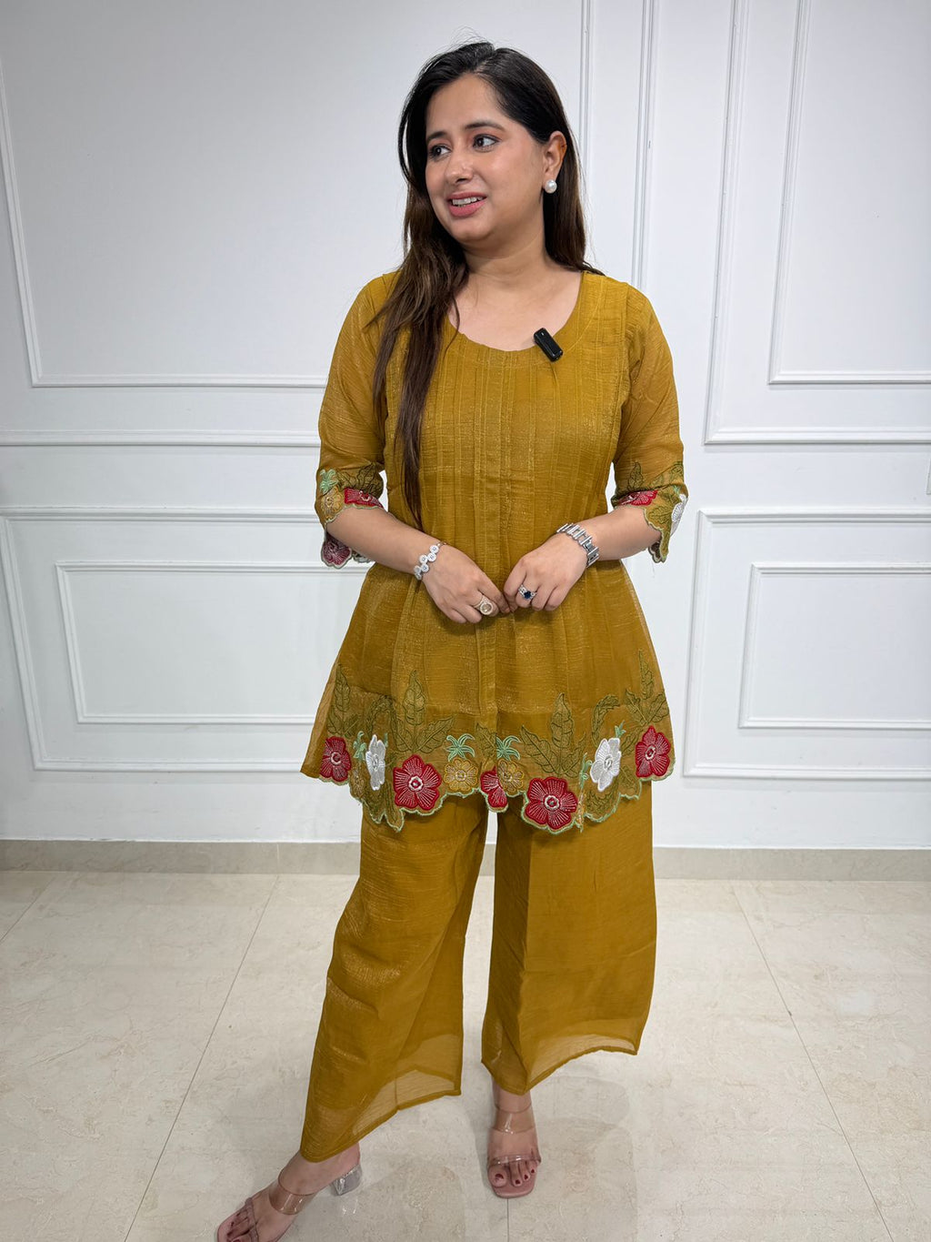 Zarelle | Mustard Floral Embroidered Peplum Co-ord Set