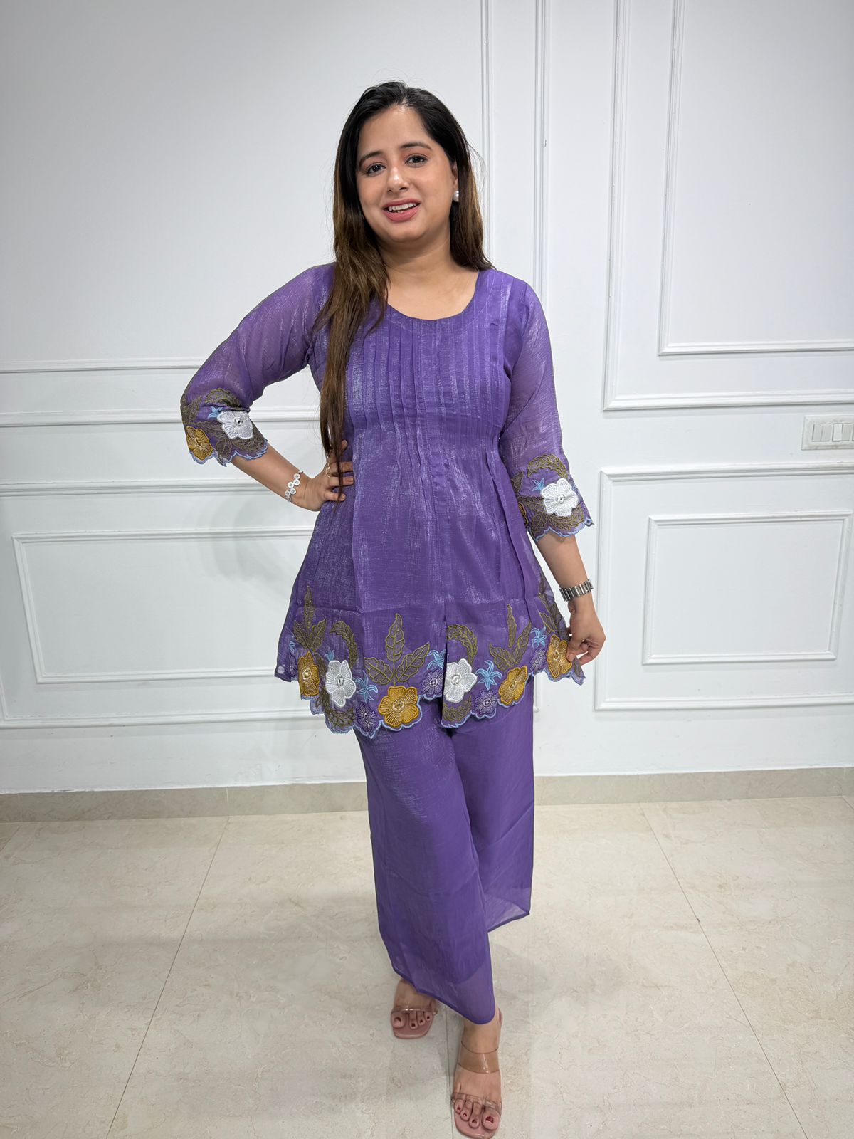 Virelle | Purple Embroidered Peplum Co-ord Set